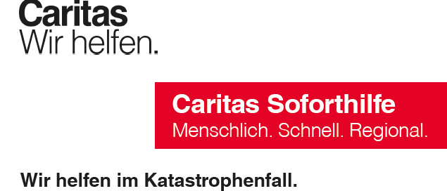 Plakat für Caritas Soforthilfe, eine Wohltätigkeitsorganisation, die sofortige Hilfe in Katastrophensituationen bietet und menschliche, schnelle und regionale Hilfe betont. Es enthält Kontaktdaten und einen QR-Code für weitere Informationen.
