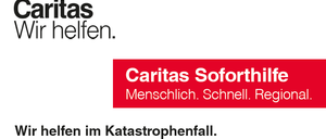 Plakat für Caritas Soforthilfe, eine Wohltätigkeitsorganisation, die sofortige Hilfe in Katastrophensituationen bietet und menschliche, schnelle und regionale Hilfe betont. Es enthält Kontaktdaten und einen QR-Code für weitere Informationen.
