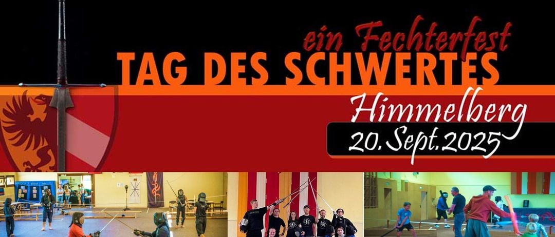 Ein Plakat bewirbt eine Fechtveranstaltung. Das Datum ist der 20. September. Drei Fotos zeigen Menschen beim Fechten.