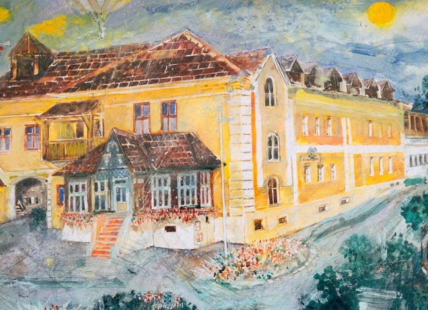Ein Ölgemälde zeigt ein großes gelbes Gebäude mit mehreren Fenstern und einem Heißluftballon, der darüber schwebt. Das Gebäude befindet sich an einer abschüssigen Straße mit Blumen und Bäumen in der Nähe.
