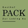 Das Bild zeigt das Logo für Gasthof PACK auf einem grünen Hintergrund. Das Logo enthält die Worte 'Gasthof PACK' und 'Zur Lebing Au', mit einem Gabelsymbol neben dem Wort 'PACK'.