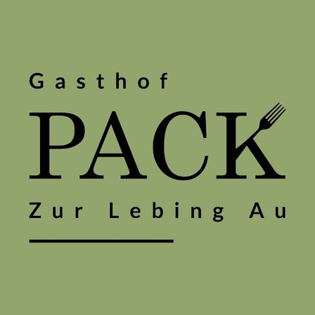 Das Bild zeigt das Logo für Gasthof PACK auf einem grünen Hintergrund. Das Logo enthält die Worte 'Gasthof PACK' und 'Zur Lebing Au', mit einem Gabelsymbol neben dem Wort 'PACK'.