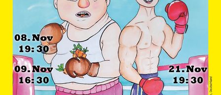A poster with two cartoon boxers, one smiling, one frowning. The poster lists dates and times for boxing matches. The dates span from November 8 to November 23.