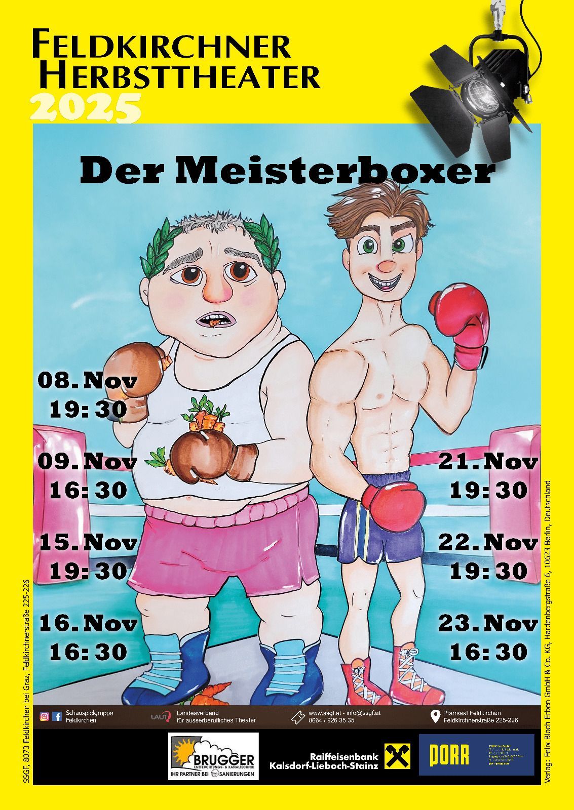 Ein Poster für Der Meisterboxer zeigt zwei Boxer, einer mit einem Lorbeerkranz und einer Karotte an den Handschuhen, der andere lächelt mit Boxhandschuhen. Termine und Uhrzeiten für November 2023 sind aufgeführt.