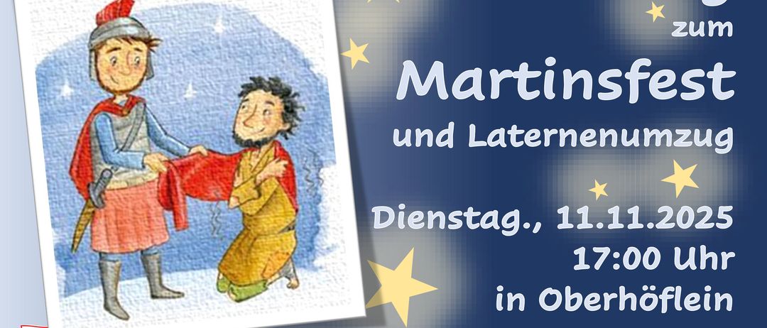 Einladung zur Martinsfeier und Laternenumzug. Illustration eines Mannes in römischer Soldatenkleidung und eines Mannes in mittelalterlicher Kleidung. Datum und Uhrzeit: Dienstag, 11. November, 17:00. Familienkirche. Verschiedene Orte. Gemeinsames Mittagessen.