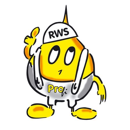 Eine Zeichentrickfigur mit gelbem Körper, großen Augen und einer Mütze mit den Buchstaben RWS hält in einer Hand ein Werkzeug und gibt mit der anderen Daumen hoch.