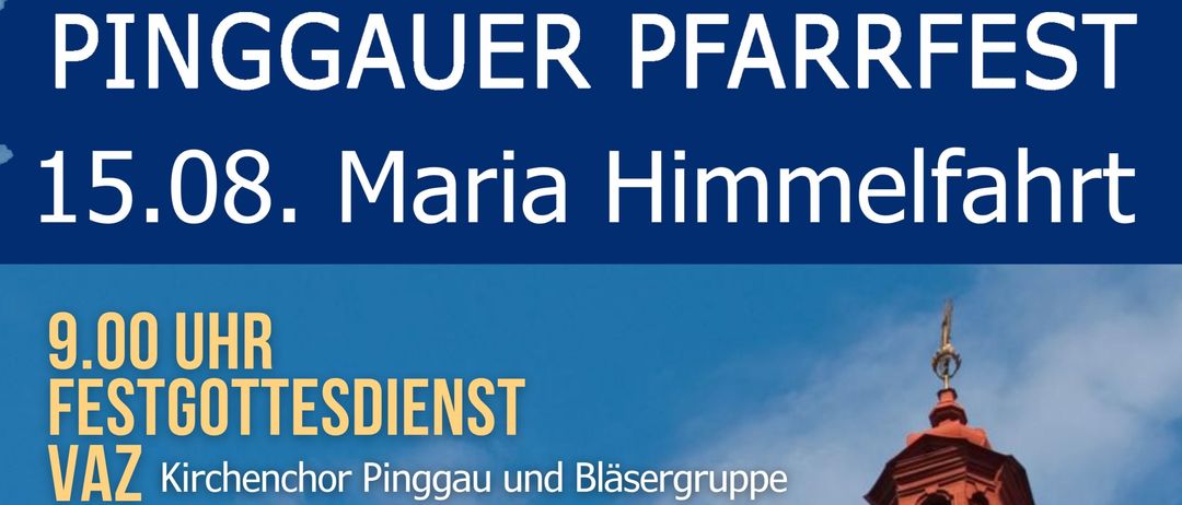 Ein Bild zeigt einen Kirchturm mit einer Uhr, mit einem Veranstaltungsplan als Überlagerung. Zeiten und Aktivitäten umfassen 9:00 Uhr Festgottesdienst, 10:00 Uhr Hl. Messe, 11:00 Uhr Frühstück und Nachmittagsaktivitäten wie Live-Musik und Weinverkostung.