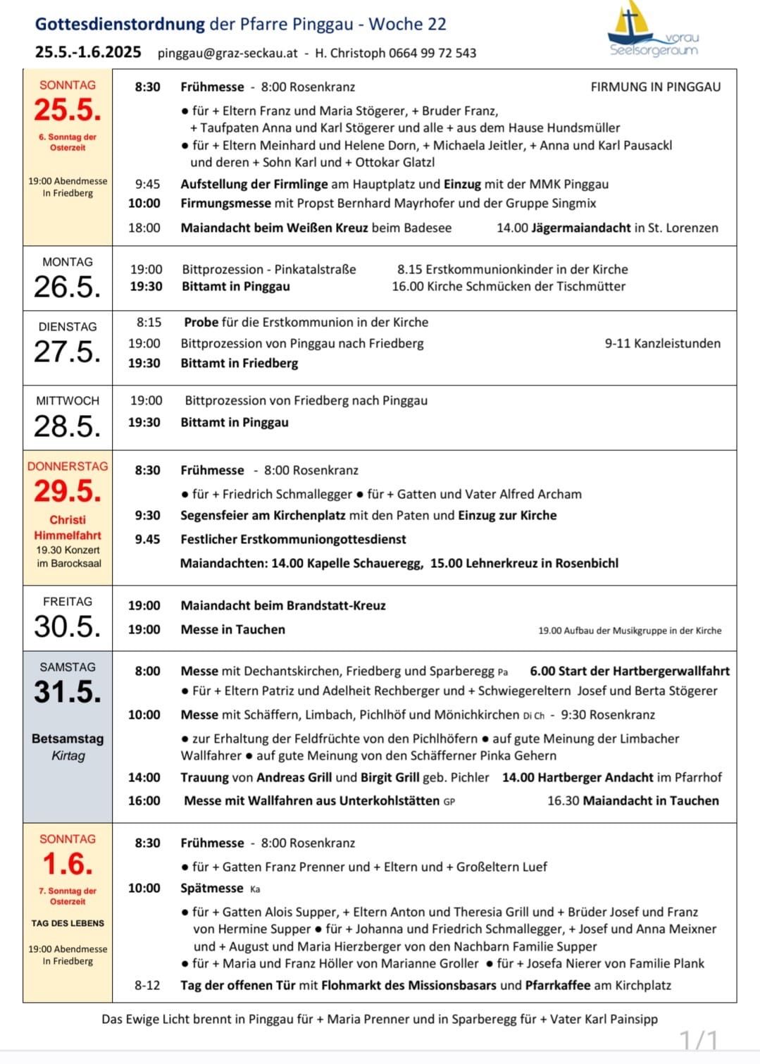 Ein Wochenplan für religiöse Veranstaltungen wird gezeigt. Die Veranstaltungen umfassen Messen, Taufen, Erstkommunion und Abendgebete. Die Tage reichen von Montag bis Sonntag. Der Zeitplan ist farblich kodiert.