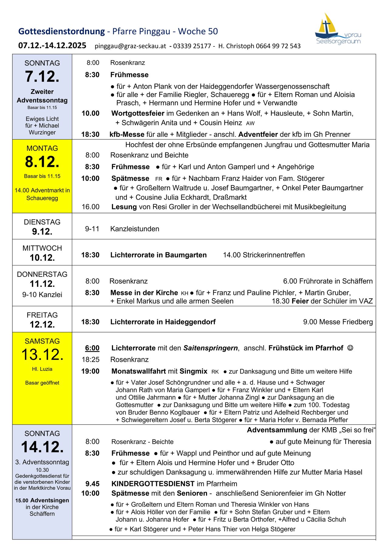 Zeitplan der Veranstaltungen vom Montag, 8. Dezember bis Sonntag, 14. Dezember. Die Aktivitäten umfassen Morgenmessen, Nachmittagsveranstaltungen, Abendgottesdienste und besondere Veranstaltungen wie die Adventkerzenzeremonie und einen Weihnachtsmarkt.