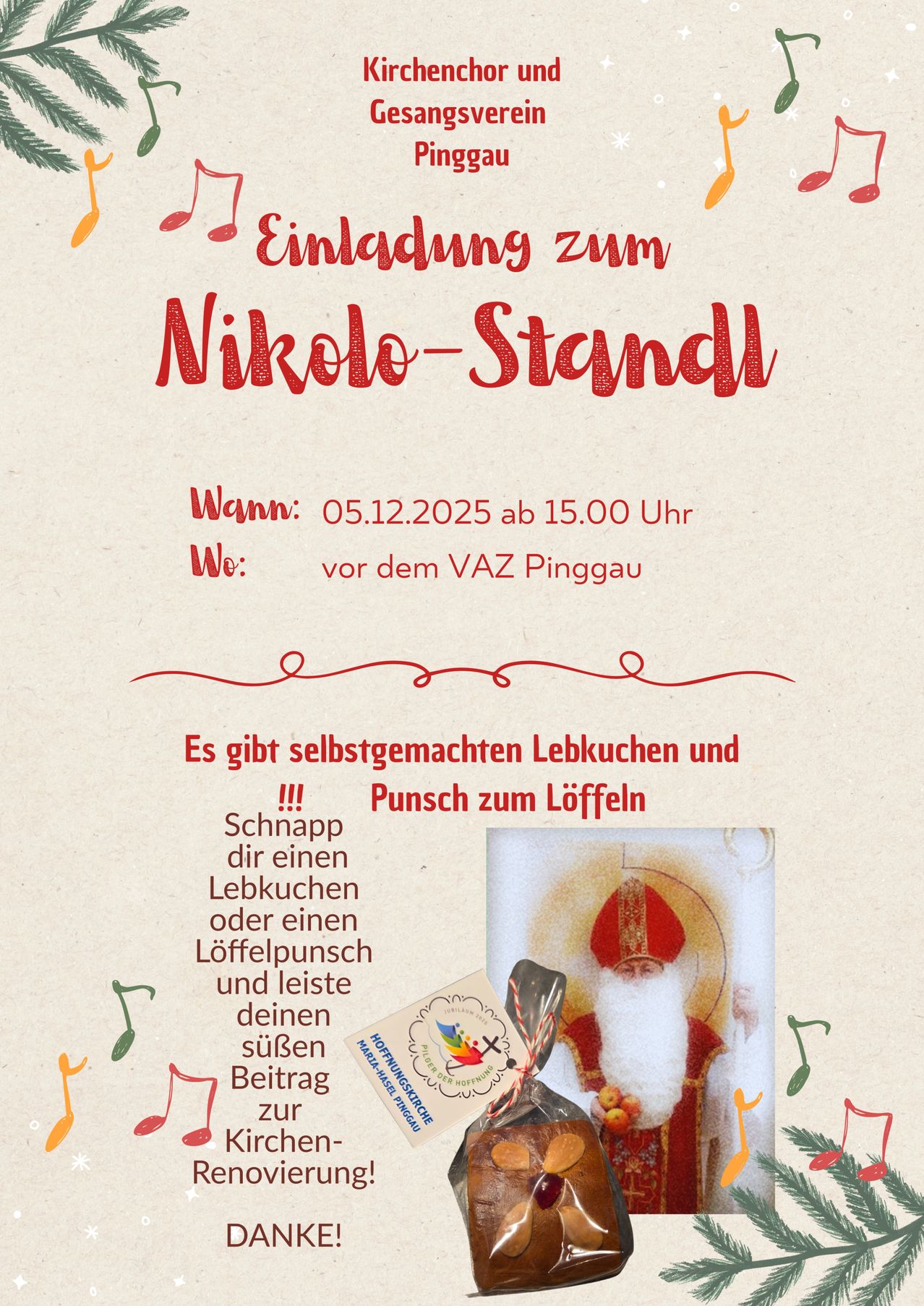 Einladung zum Nikolaus Stand am 05.12.2025 ab 15.00 Uhr vor dem VAZ Pinggau. Es gibt selbstgemachten Lebkuchen und Punsch zum Löffeln.