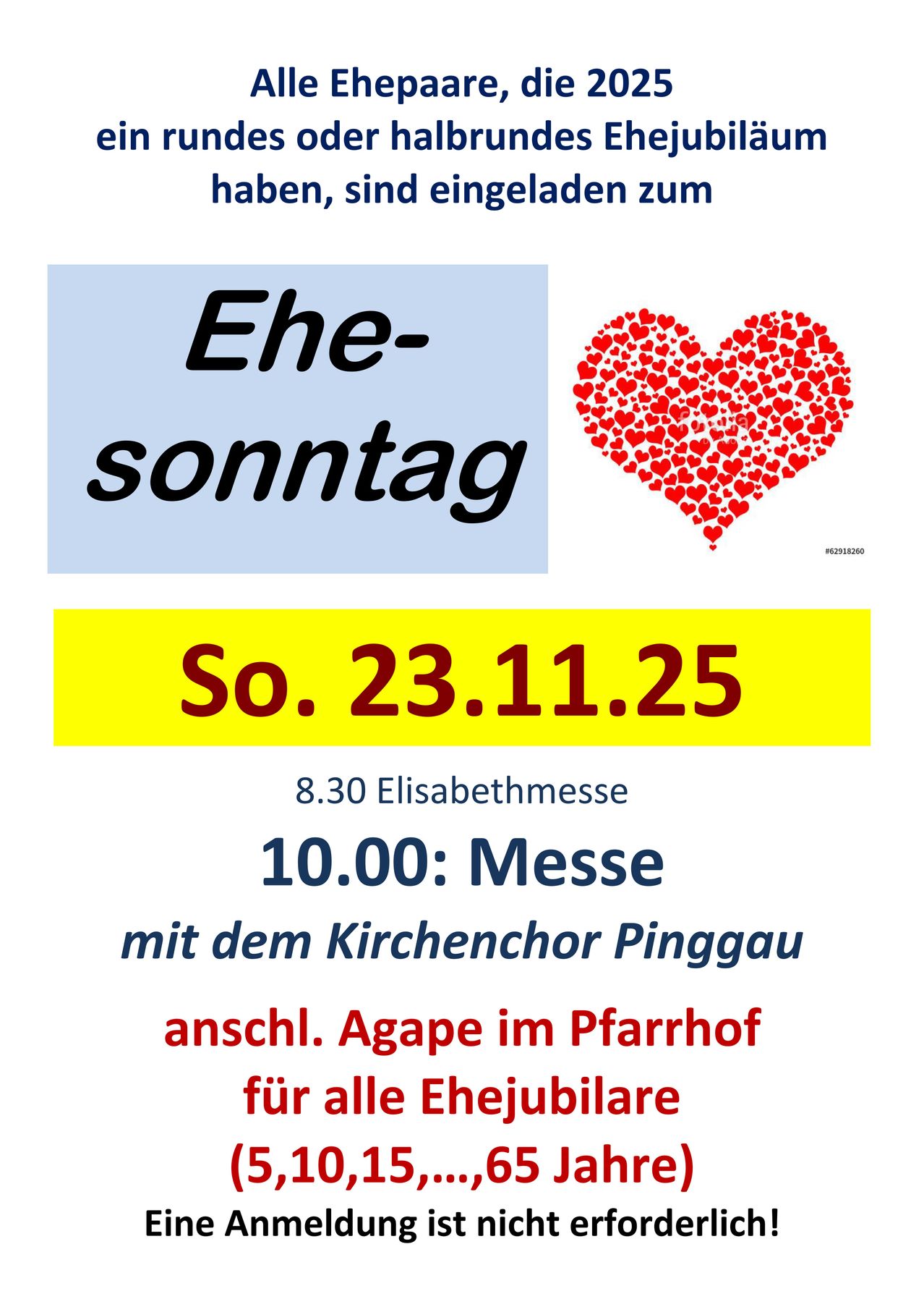 Poster for a wedding Sunday event on November 23, 2025. It features a red heart, blue background, and details about a mass at 10:00 AM.