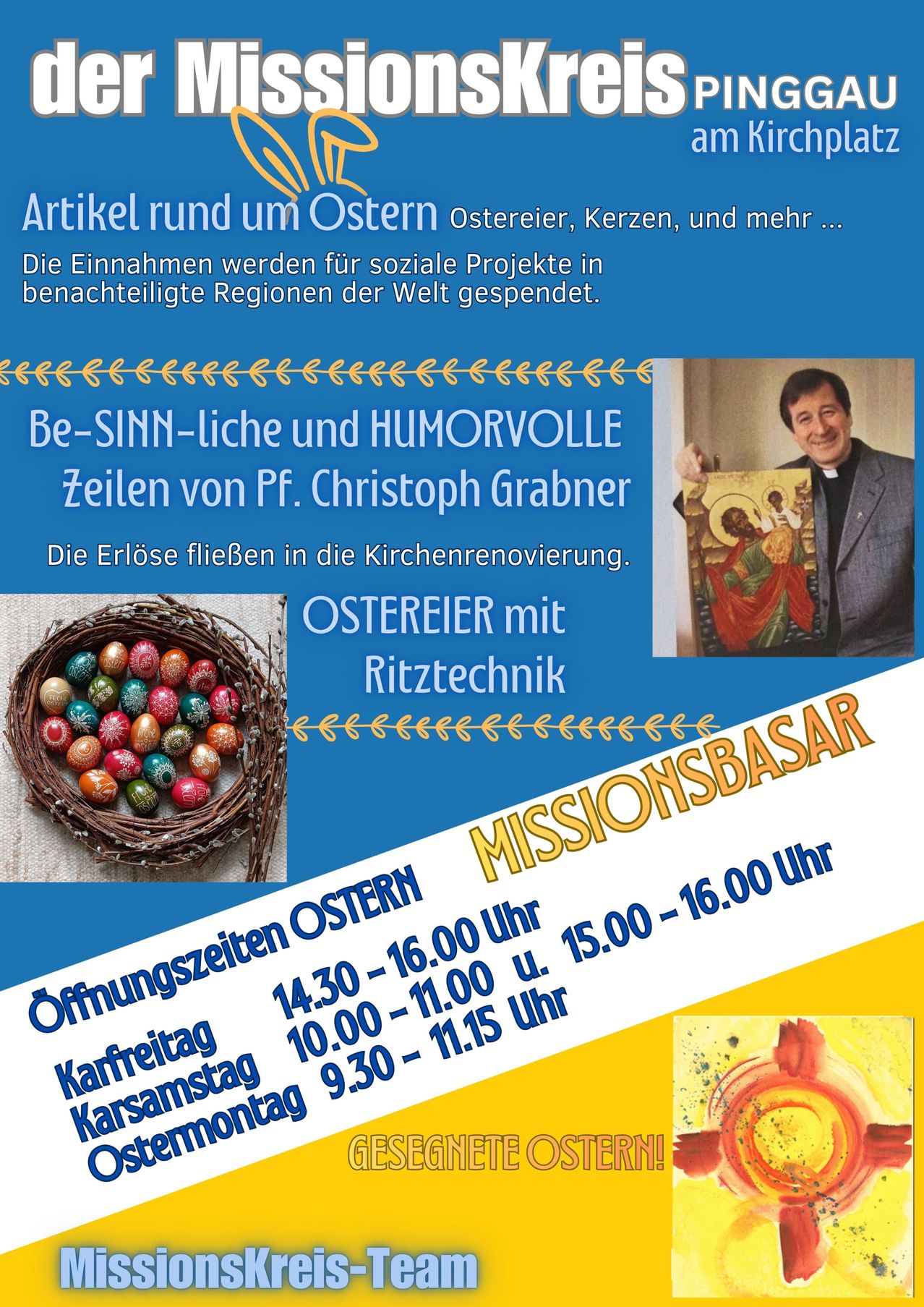Werbeposter für Osterartikel. Zeigt einen Korb mit bunten Ostereiern und einen Priester, der eine Ikone hält. Öffnungszeiten aufgeführt.
