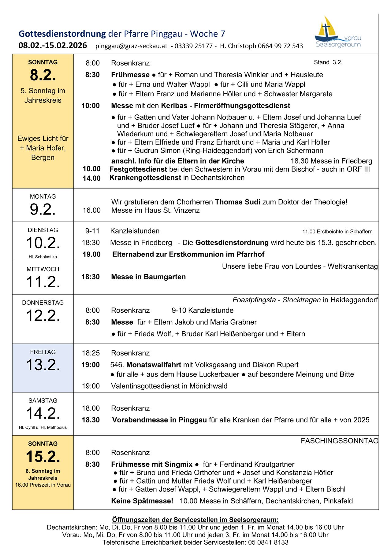 Wöchentlicher Kirchendienstplan für die St. Vinzenz-Kirche. Die Dienste umfassen Messen, Rosenkränze und besondere Veranstaltungen. Die Termine reichen vom 5. Februar bis zum 15. Februar 2025.