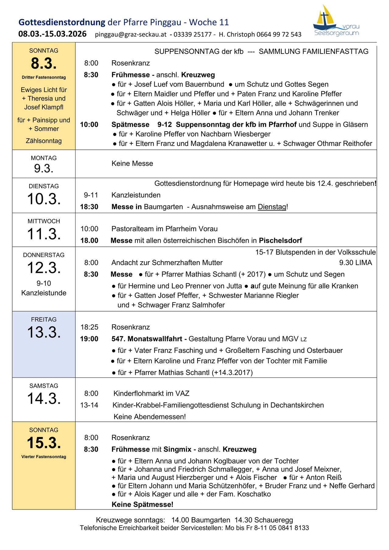 Schedule for a church in Austria includes evening masses, Sunday services, and family gatherings. Times and details for each day are provided.