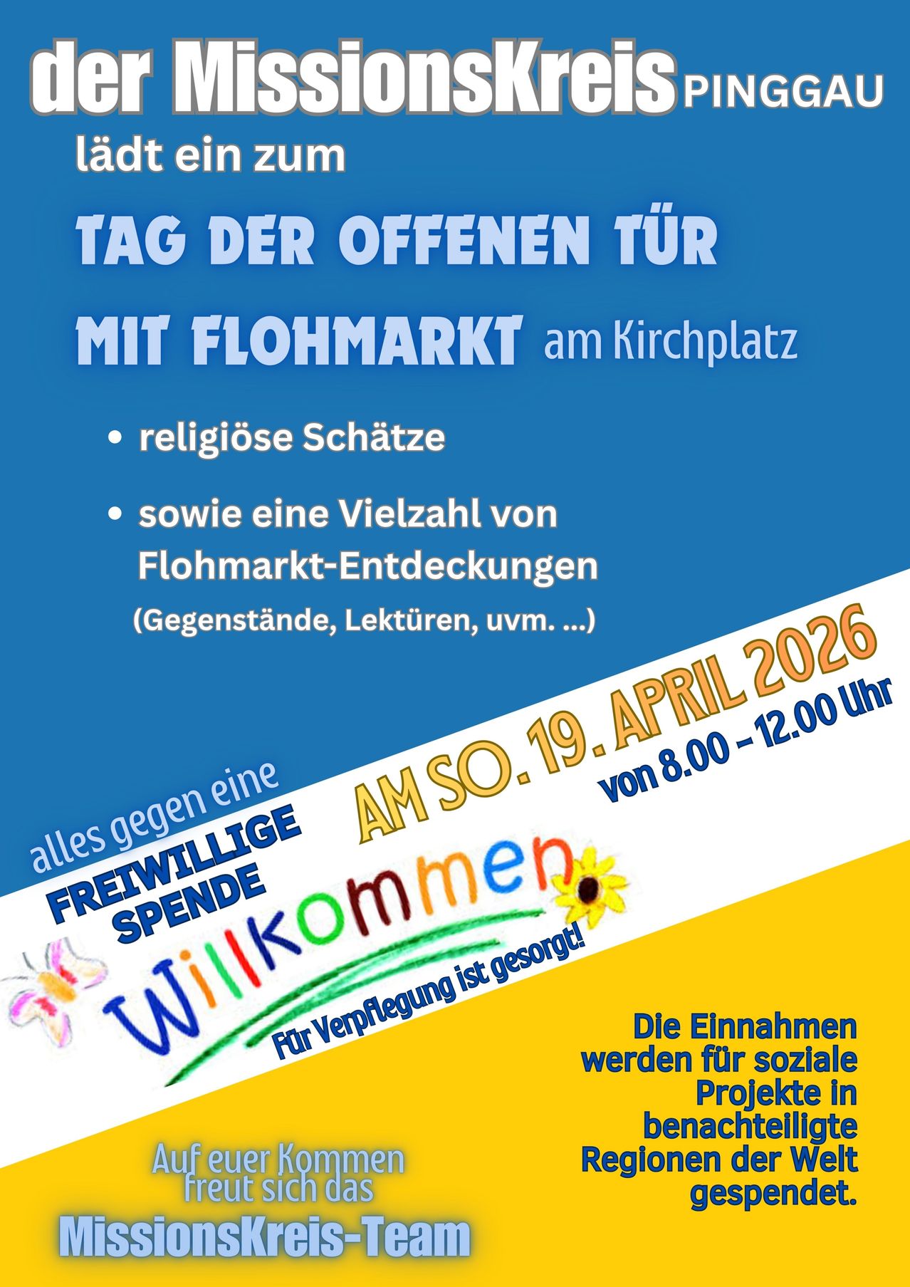 Tag der offenen Tür mit Flohmarkt am Kirchplatz, einschließlich religiöser Schätze und zahlreicher Flohmarkt-Entdeckungen (Gegenstände, Lektüren, usw.) am 19. April 2026 von 8:00 bis 12:00 Uhr.