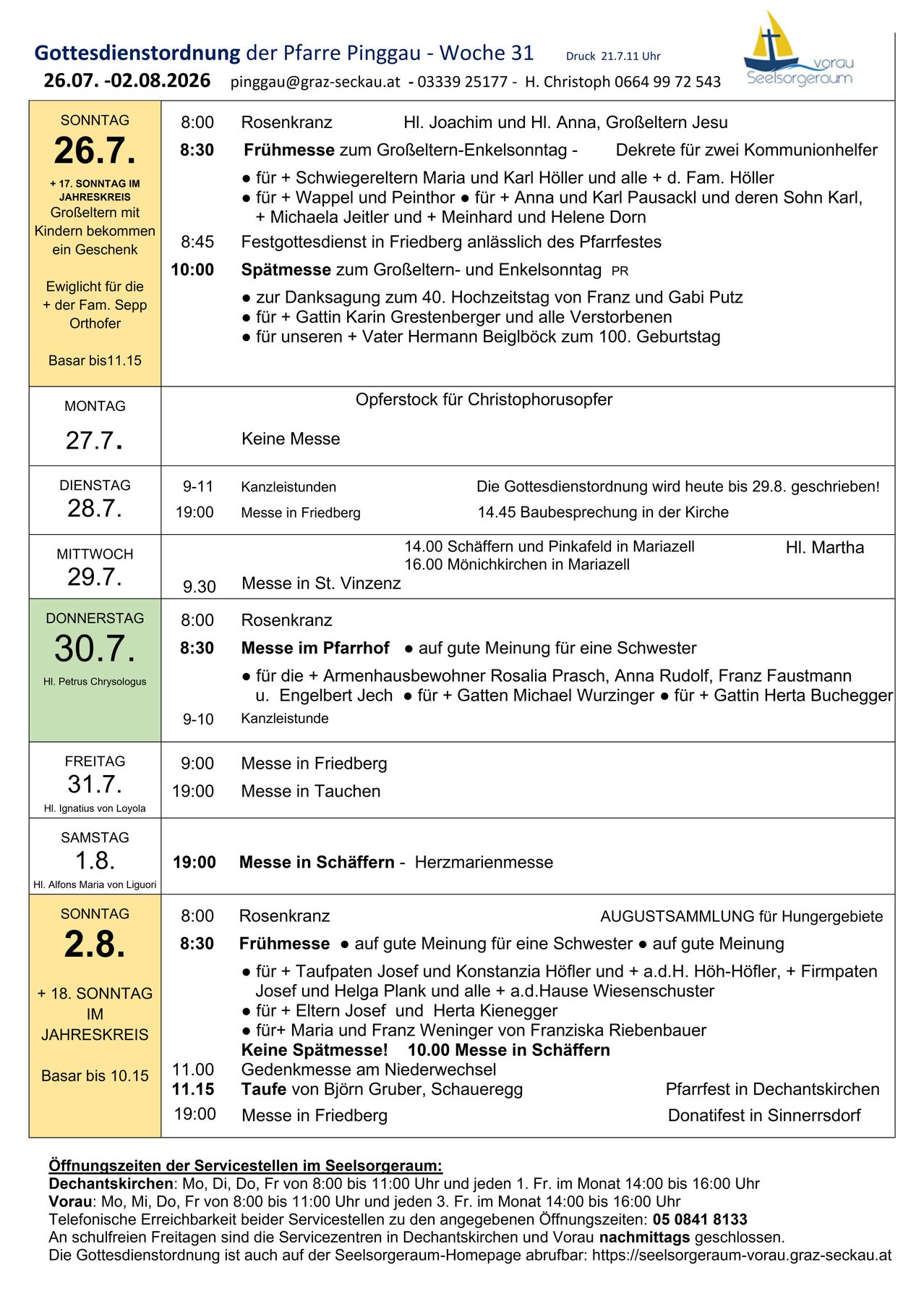 Eine Tabelle mit einem Zeitplan für Gottesdienste und Veranstaltungen, einschließlich Datum, Uhrzeit und Ort, wobei einige Ereignisse rot hervorgehoben sind. Die Tabelle ist in Abschnitte für verschiedene Wochentage unterteilt.
