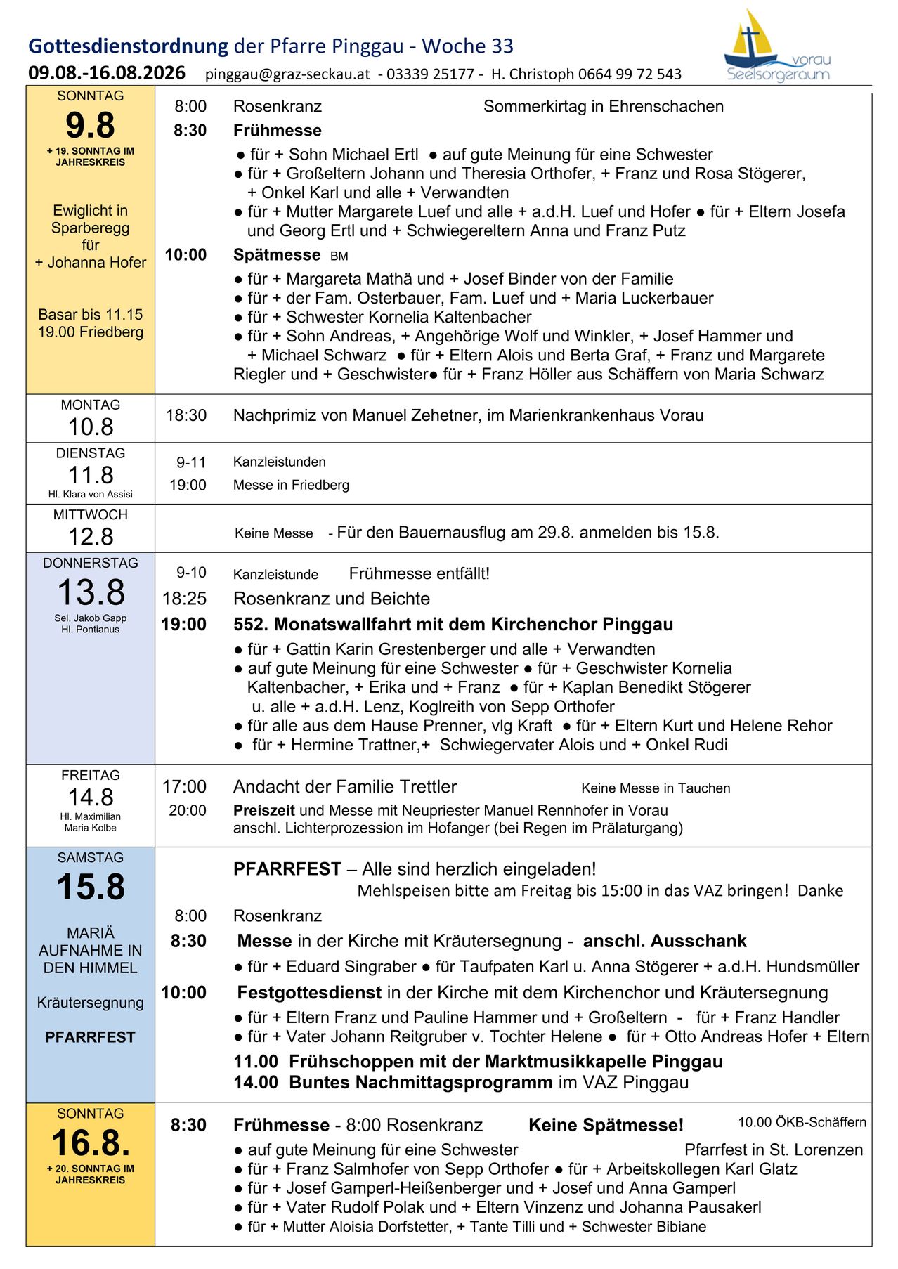 Eine Tabelle mit Daten und Zeiten für verschiedene Veranstaltungen, einschließlich eines Gottesdienstes, einer Gedenkfeier und eines Festes. Die Veranstaltungen sind mit den Namen der Teilnehmer und dem Zweck des Treffens aufgeführt. Die Tabelle ist in Abschnitte für verschiedene Wochentage unterteilt.