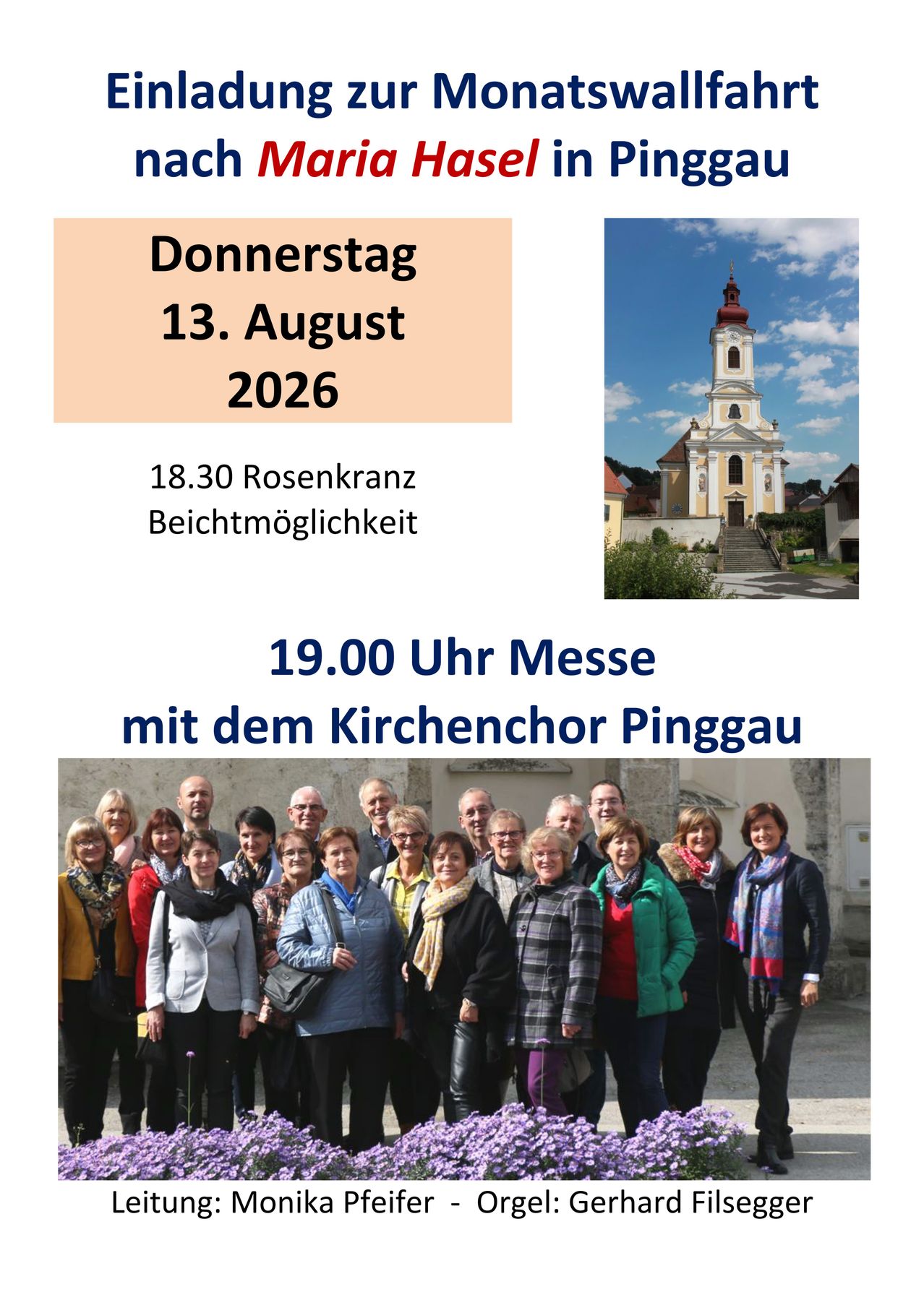 Ein Plakat kündigt eine religiöse Veranstaltung am Donnerstag, 13. August 2026, mit einer Kirche, einer Gruppe von Menschen und Details über einen Rosenkranz und eine Messe an.