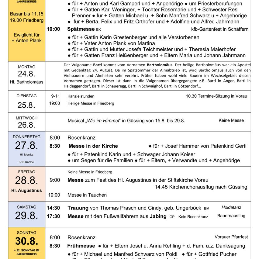 Eine wöchentliche Übersicht religiöser Veranstaltungen in Friedberg, Deutschland, einschließlich Messen, Gebete und Segnungen für verschiedene Personen und Familien. Der Zeitplan ist in Wochentage unterteilt, mit spezifischen Zeiten und Details für jede Veranstaltung.