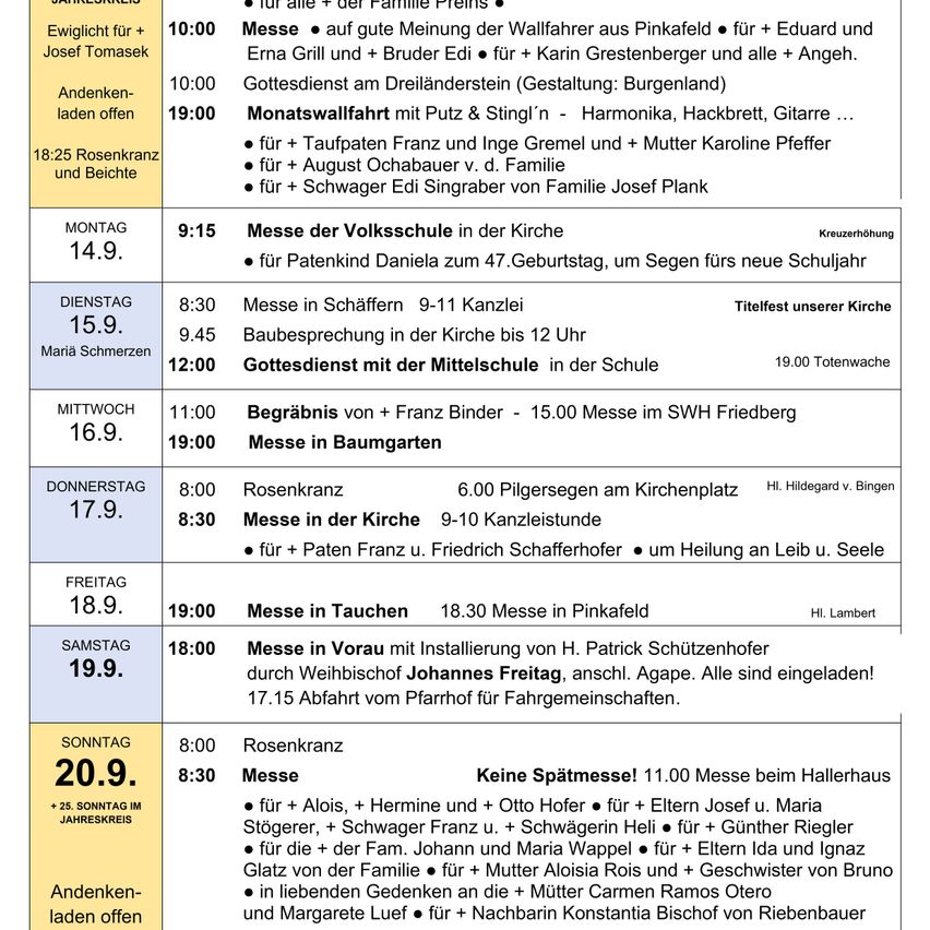 A table with church schedules and events for a week, including masses, baptisms, and remembrance services. The table is divided into days and times, with specific details for each event.