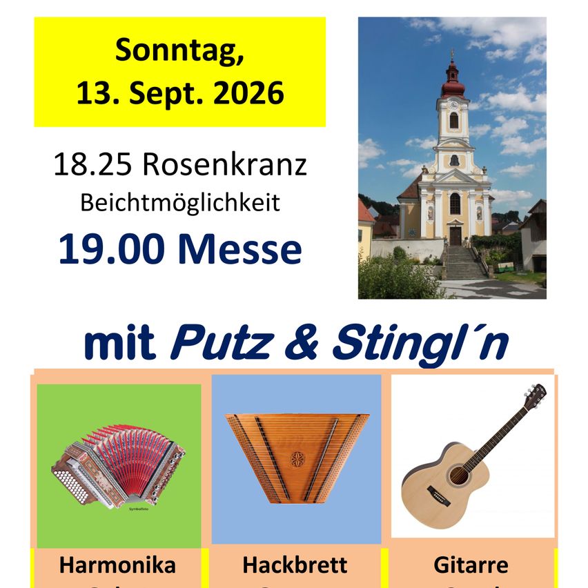 Poster for a church event on September 13, 2026, featuring a church, musical instruments, and event details.