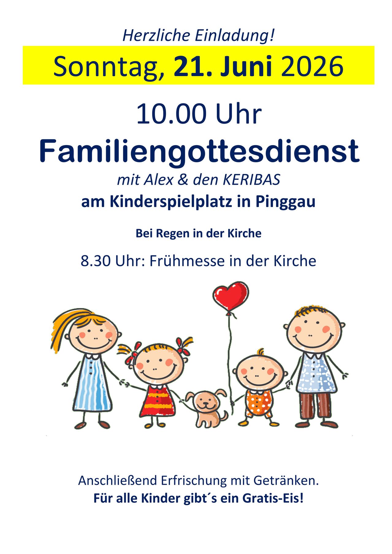 Poster for a family service at 10:00 AM. Illustration of a family with a red balloon. Breakfast at 8:30 AM. Hosted by Alex and KERI.