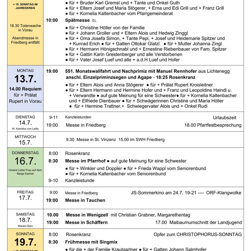 Sunday mass schedule for the month of July, including dates, times, and special prayers and masses, such as the monthly procession and the Sunday of the Good Shepherd.