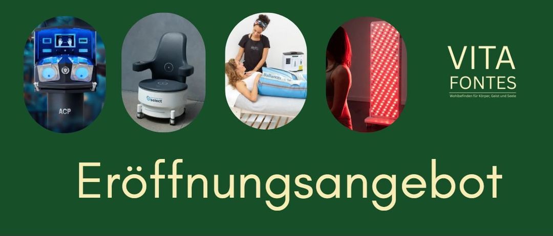 Eine Anzeige von Vitafontes zeigt verschiedene Wellness-Geräte. Der Text hebt einen 20% Rabatt auf Anwendungen und Blöcke hervor. Es enthält eine Telefonnummer, eine Website und einen Gültigkeitszeitraum.