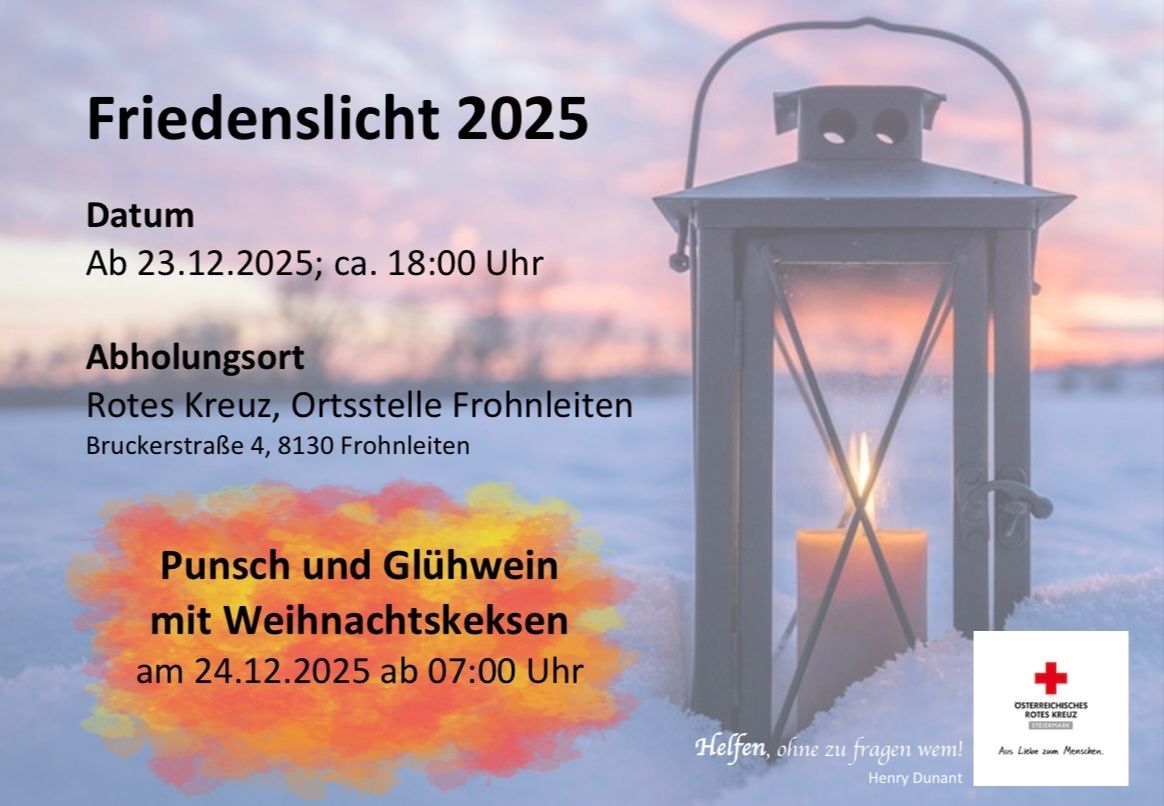 Eine Anzeige für die Lichternacht 2025, die am 12. Dezember 2025 um etwa 18:00 Uhr stattfindet. Der Ort ist am Kreuz, Ortsstelle Frohnleiten. Die Veranstaltung bietet Glühwein und Weihnachtskekse ab 7:00 Uhr am 24. Dezember 2025.