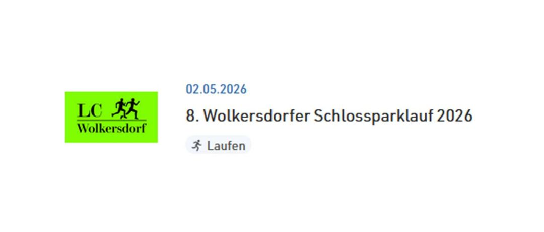 Ein Plakat für den 8. Walkers Dorfer Schlosspark-Lauf am 2. Mai 2026 mit einem Laufsymbol.