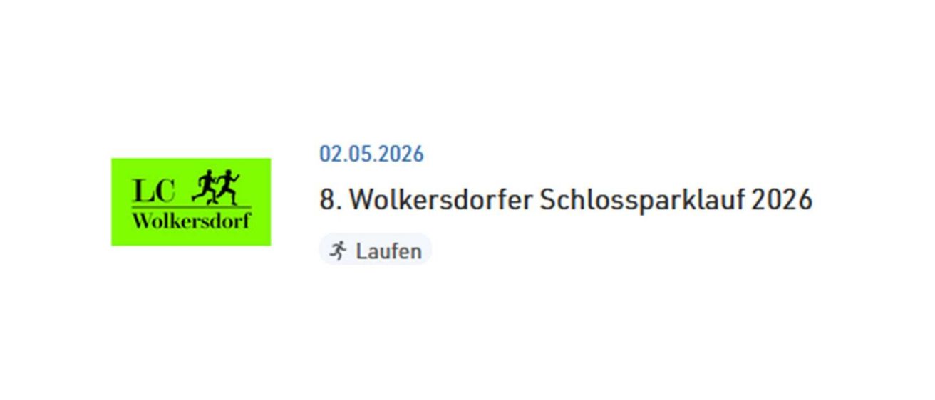 Ein Plakat für den 8. Walkers Dorfer Schlosspark-Lauf am 2. Mai 2026 mit einem Laufsymbol.