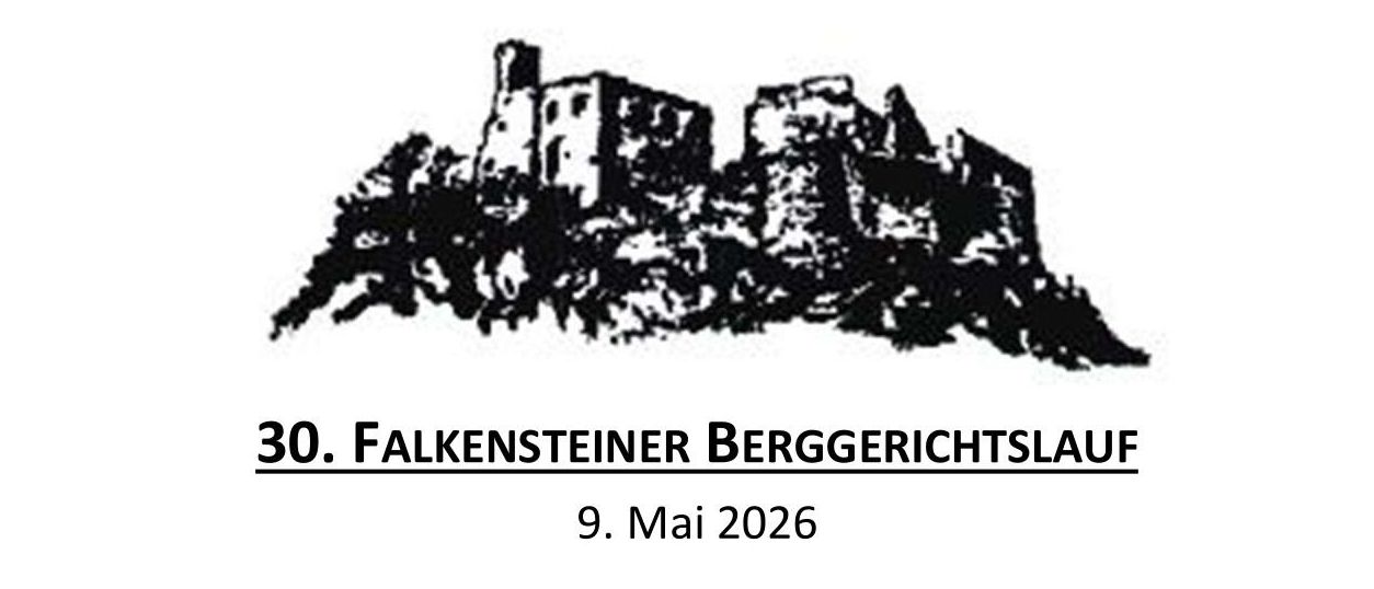 Ein Logo mit einer Bergburg auf einem Hügel mit Bäumen. Darunter steht der Text '30. Falkensteiner Berggerichtslauf' und das Datum '9. Mai 2026'.
