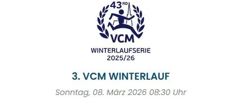Das Logo für den 43. VCM Winterlauf, Teil der Winterlaufserie 2025/26, geplant für Sonntag, 8. März 2026 um 20:30 Uhr.