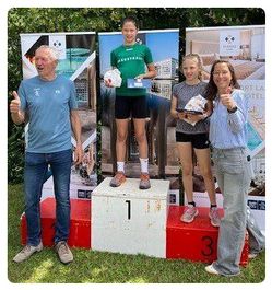 Eine Gruppe von Menschen steht auf einem Podium. Die Person in der Mitte hält eine Trophäe. Die Person auf der linken Seite gibt ein Daumen hoch. Die Person auf der rechten Seite hält ein Zertifikat. Sie befinden sich wahrscheinlich bei einer Sportveranstaltung.