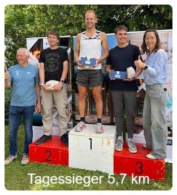 Fünf Personen stehen auf einem Podium für einen 5,7-km-Lauf, in Freizeitkleidung. Der Gewinner des ersten Platzes steht auf dem weißen Podium und hält einen Pokal. Die Zweit- und Drittplatzierten stehen auf den roten Podesten und halten Pokale.