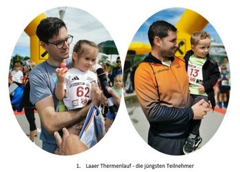 Zwei Männer halten kleine Kinder bei einem Laufevent. Der Mann links hält ein Mikrofon und das Kind trägt die Nummer 62. Der Mann rechts trägt ein orangefarbenes Shirt und hält ein Kind mit der Nummer 13.