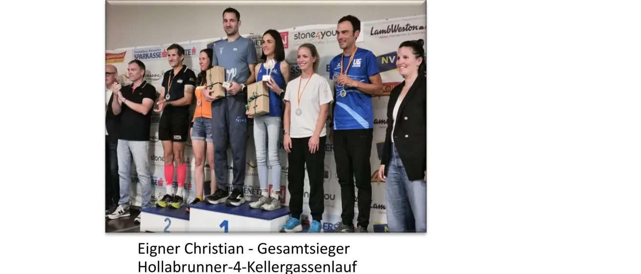 Eine Gruppe von Menschen steht auf einem Podest, einige halten Trophäen, mit einem Banner im Hintergrund.