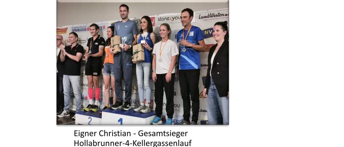 Eine Gruppe von Menschen steht auf einem Podest, einige halten Trophäen, mit einem Banner im Hintergrund.