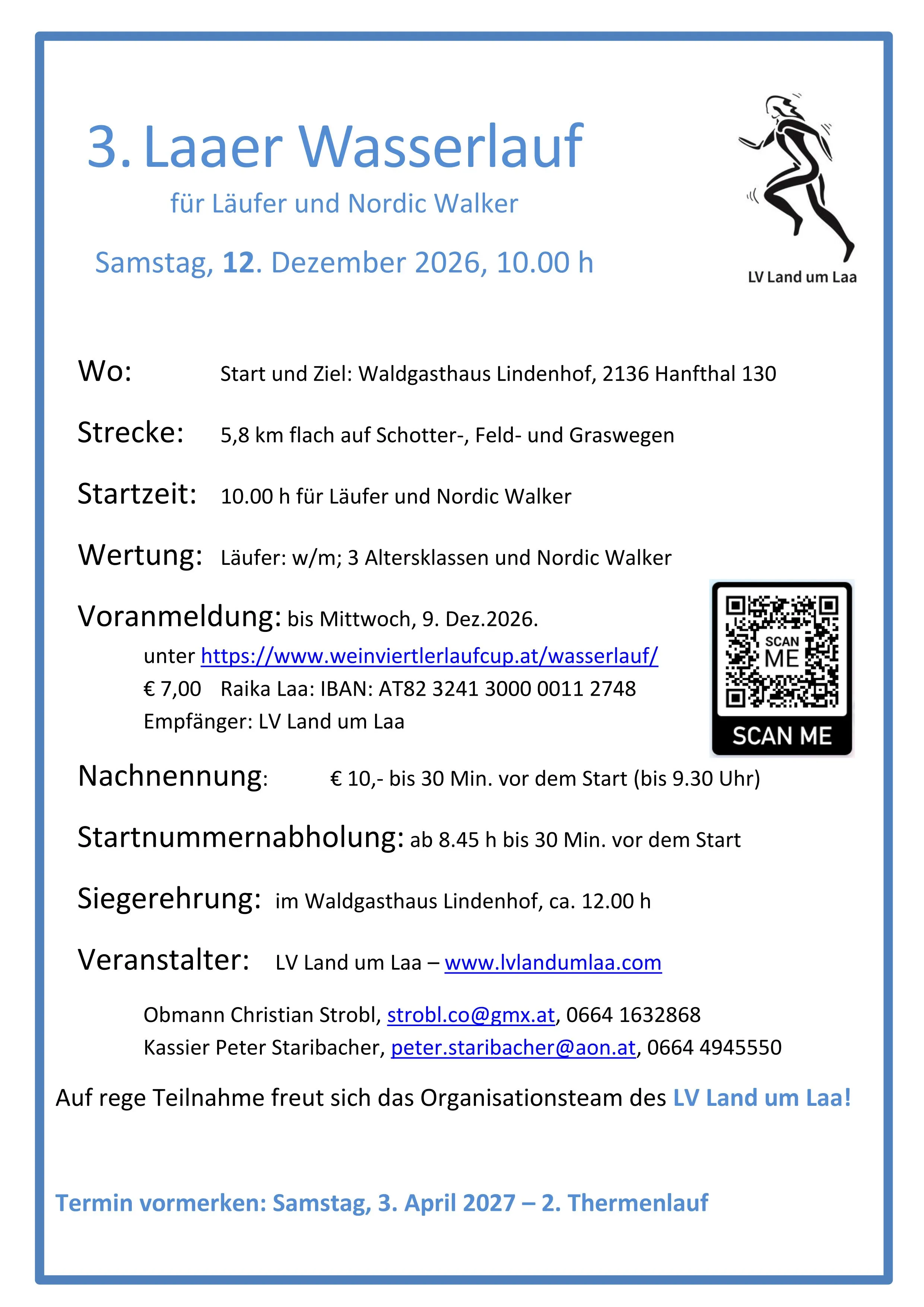 Veranstaltungsflyer für einen Lauf- und Nordic-Walking-Event am 12. Dezember 2026, Beginn um 10:00 Uhr. Die Strecke führt über 5,8 km Schotter-, Feld- und Graswege. Anmeldung offen bis 9. Dez. 2026. QR-Code für die Anmeldung ist vorhanden.