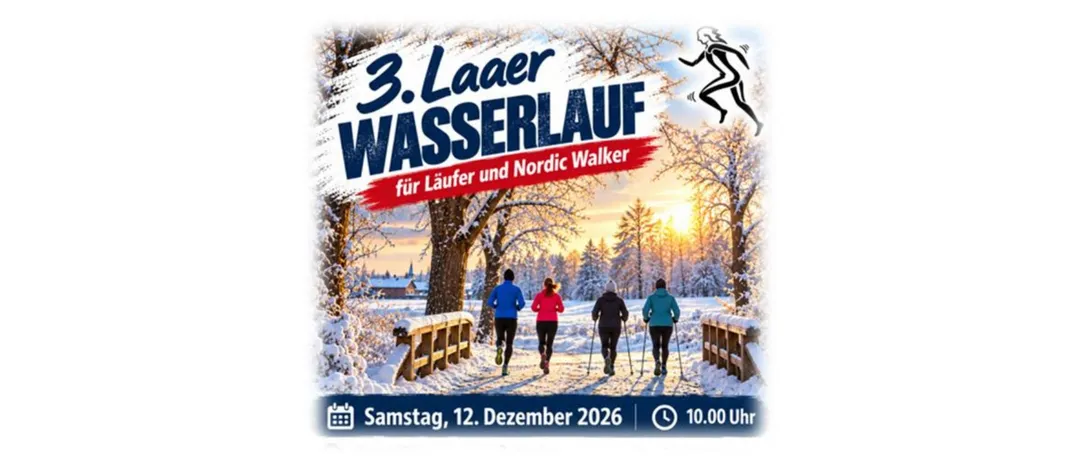 Plakat für den 3. Laaer Wasserlauf, mit Läufern in Winterkleidung auf einem verschneiten Pfad. Datum: 12. Dezember 2026, Zeit: 10:00 Uhr.