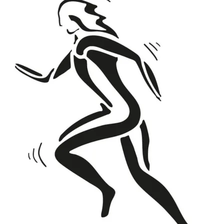 Eine schwarz-weiße Silhouette einer Frau beim Laufen, ihr Körper leicht nach vorne gebeugt, Haare wehen im Wind.