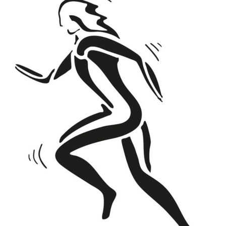 Eine schwarz-weiße Silhouette einer Frau beim Laufen, ihr Körper leicht nach vorne gebeugt, Haare wehen im Wind.