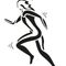 Eine schwarz-weiße Silhouette einer Frau beim Laufen, ihr Körper leicht nach vorne gebeugt, Haare wehen im Wind.