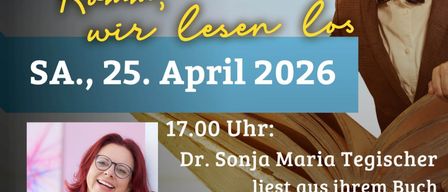 Ein Plakat für die Nacht der Bibliotheken. Es zeigt Dr. Sonja Maria Tegischer, die aus ihrem Buch 'Oma Strawaridis' am 25. April 2026 um 17:00 Uhr liest.