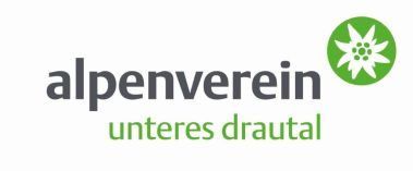 Das Alpenverein-Logo zeigt den Text 'alpenverein' in fetten, schwarzen Buchstaben, mit einer stilisierten grünen Blume in einem kreisförmigen Design darüber. Darunter steht der Satz 'unteres drautal' in kleineren, kursiv geschriebenen Buchstaben.