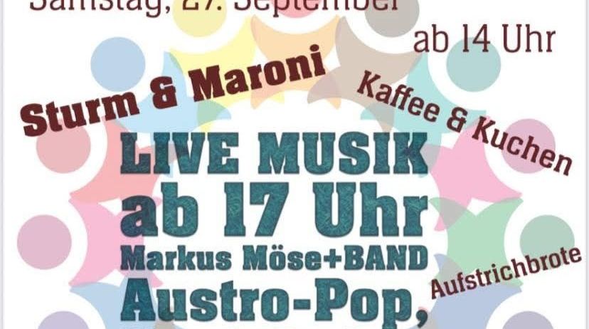 Werbeplakat für ein Festival am Samstag, 27. September. Es beinhaltet Kaffee und Küche, Live-Musik ab 17 Uhr und Markus Möses Band spielt Austro-Pop und Classic Rock.