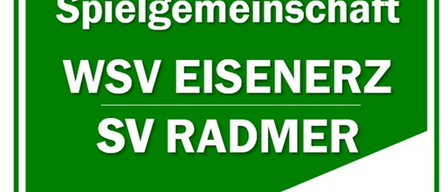 Das Logo des Sportvereins WSV Eisenerz SV Radmer zeigt einen Fußball, Fußballschuhe und einen Schild auf grünem Hintergrund.