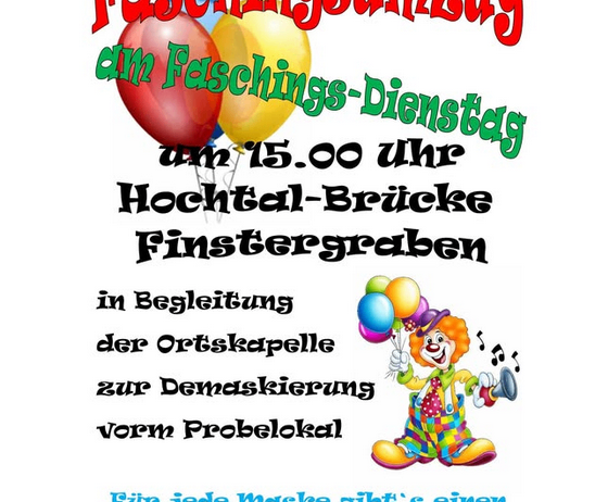 Plakat für einen Faschingsumzug um 15:00 Uhr am Faschings-Dienstag, mit Luftballons, einem Clown und der Aussicht auf eine Belohnung für jede Maske.