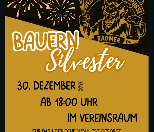 Plakat für die bayerische Silvesterfeier mit einem Krampus, der ein Bierglas hält und Feuerwerk. Datum: 30. Dezember 2023, Beginn um 18:00 Uhr. Ort: Im Vereinsraum. Für das Wohlergehen aller ist der Weinkeller Krampus anwesend.