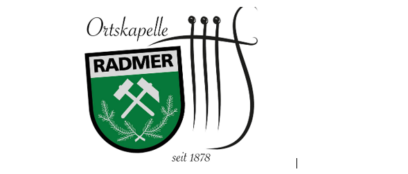 Logo für Radmer, gegründet 1878, mit einem grünen Schild, gekreuzten Hämmern und Kränzen. Der Text 'Ortskapell' befindet sich über dem Schild.